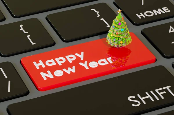 С Новым годом красная кнопка клавиатуры, 3D рендеринг — стоковое фото