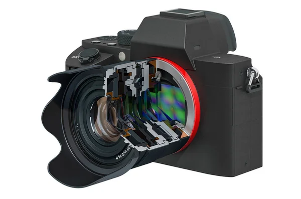 Sectional of mirrorless digital camera. 3D rendering — Stock Photo, Image