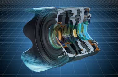 Kamera merceğinin bölümsel 3d kabaca modelini gözünde canlandır