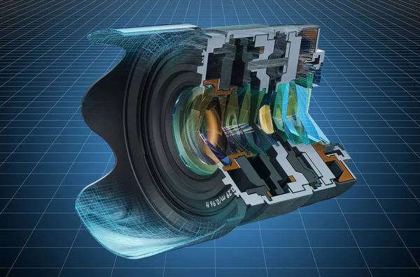 Visualization 3d cad model of sectional of camera lens