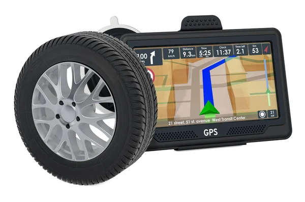 GPS навигация с колесом автомобиля, 3D рендеринг — стоковое фото