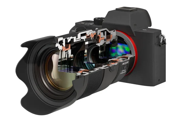 Sezione della fotocamera digitale mirrorless con obiettivo zoom — Foto Stock