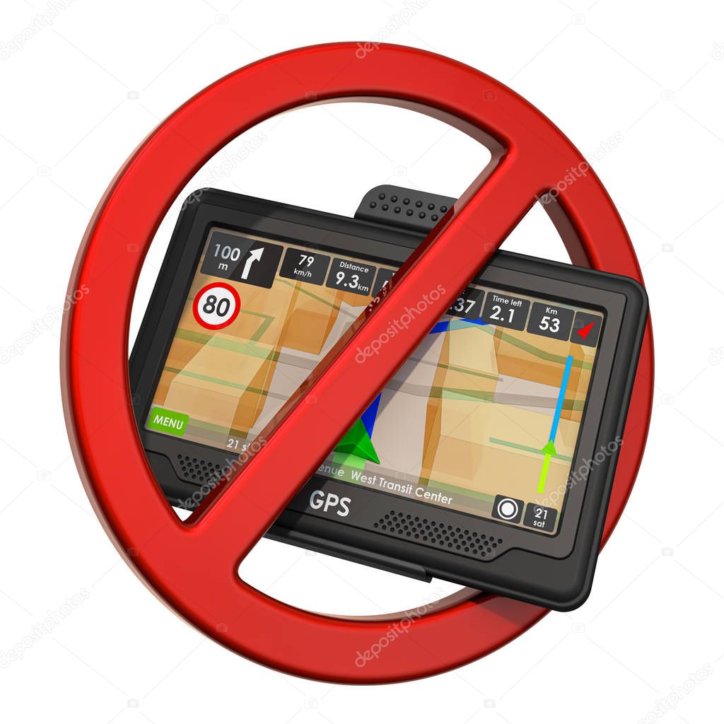 Forbidden sign with GPS navigation device, 3D rendering