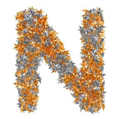 Altın ve gümüş yıldızlardan N harfi, 3 boyutlu.