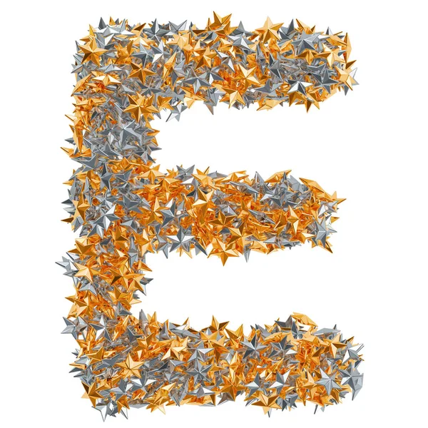 Letter E from gold and silver stars, 3D rendering — 스톡 사진