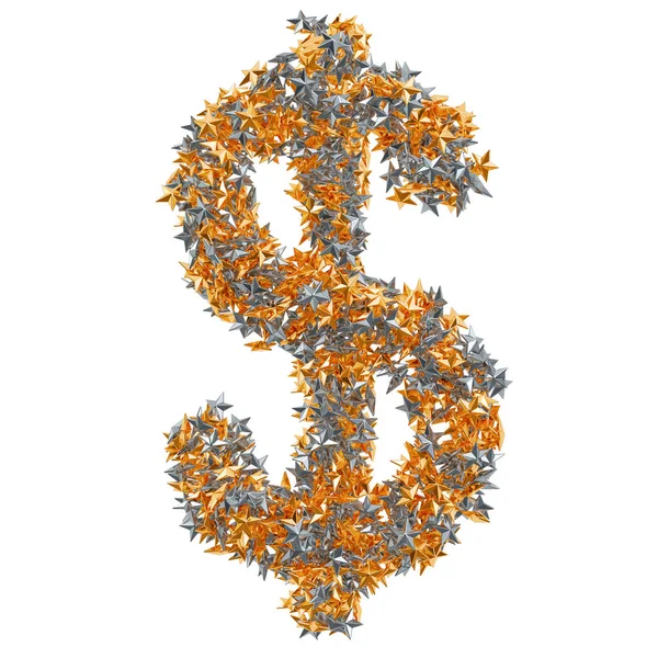Símbolo de dólar de estrelas de ouro e prata, renderização 3D — Fotografia de Stock