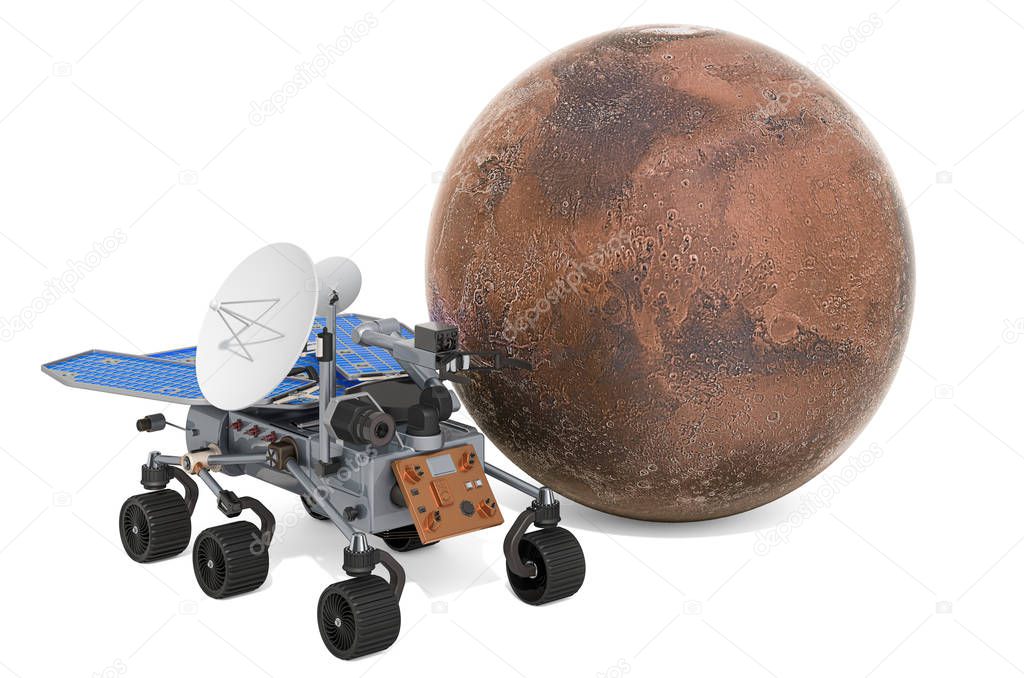 Mars rover, planetary rover with Mars planet. 3D rendering