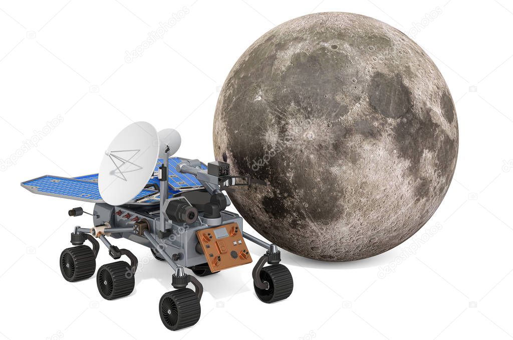 Moon rover, planetary rover with Moon. 3D rendering