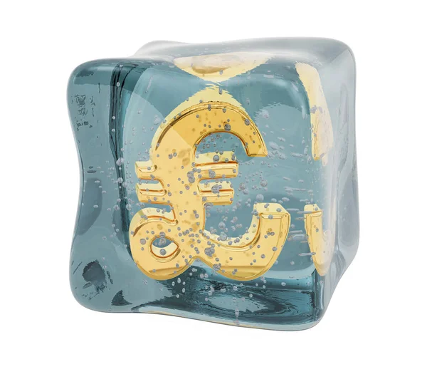 Sterlina simbolo congelato nel cubo di ghiaccio, rendering 3D — Foto Stock