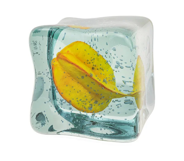 Carambola congelada en cubo de hielo, renderizado 3D —  Fotos de Stock