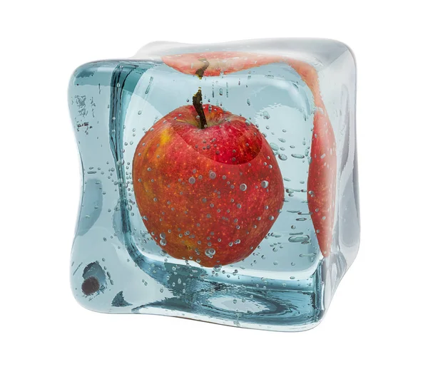 Manzana congelada en cubo de hielo, renderizado 3D —  Fotos de Stock