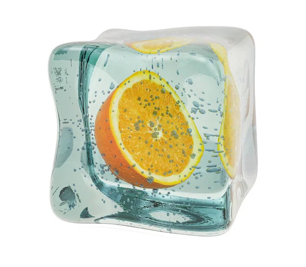 Orange frozen in ice cube, 3D rendering — Stock Photo, Image