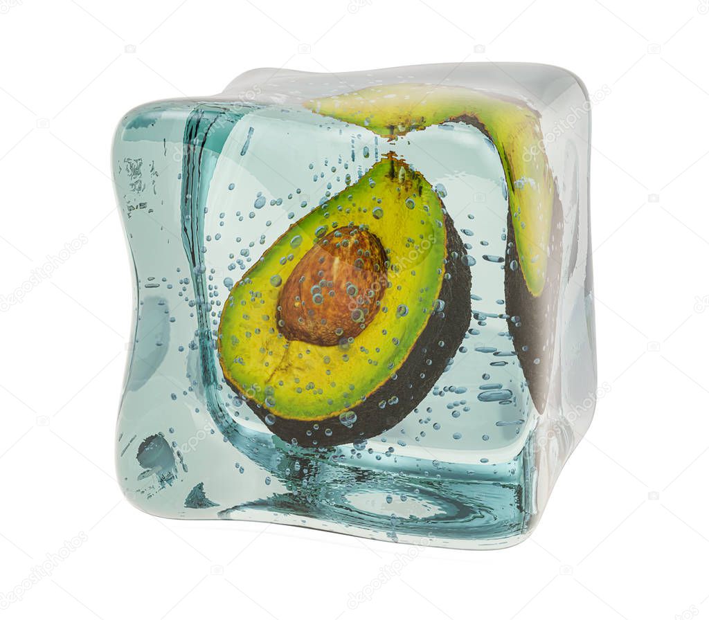 Avocado frozen in ice cube, 3D rendering