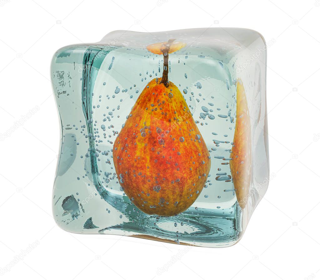 Pear frozen in ice cube, 3D rendering