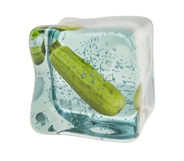 Calabacín o calabacín congelado en cubo de hielo, representación 3D —  Fotos de Stock