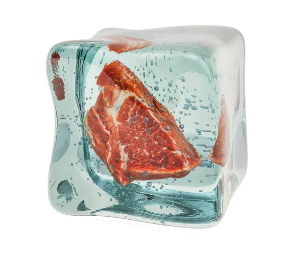 Carne de porco congelada em cubo de gelo, renderização 3D — Fotografia de Stock