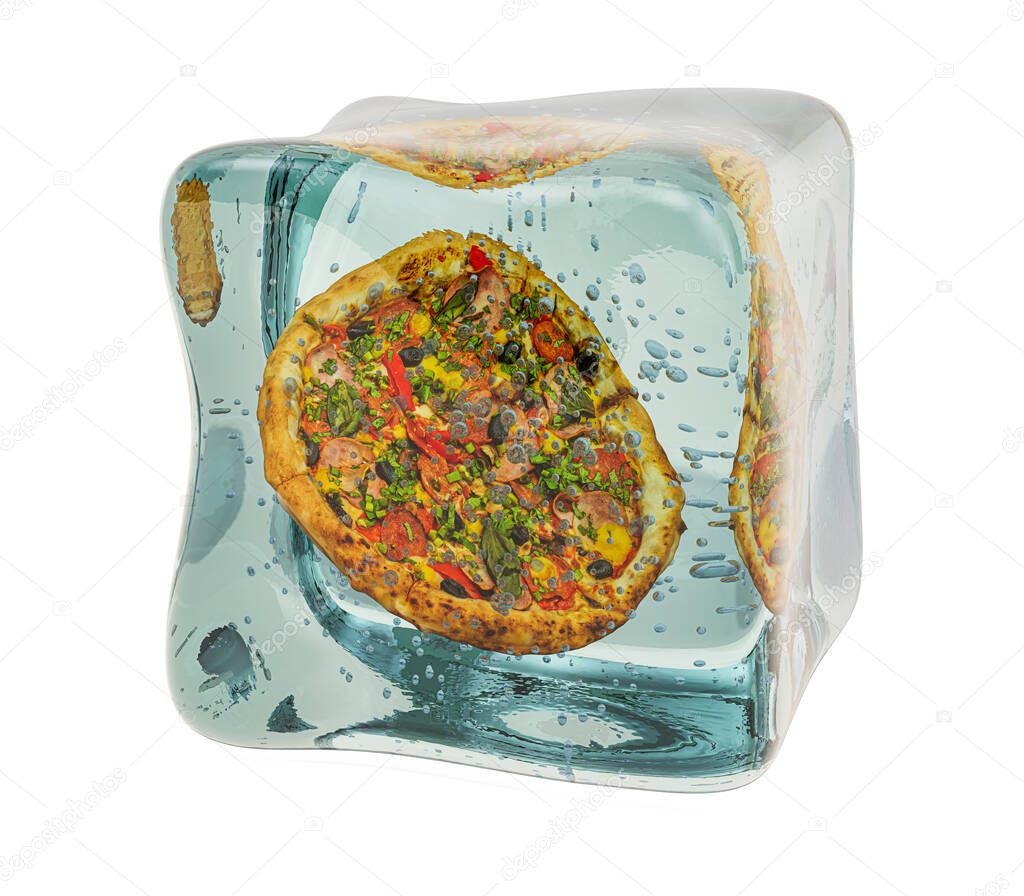 Pizza frozen in ice cube, 3D rendering