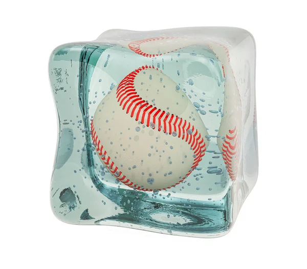 Бейсбольный мяч заморожен в кубике льда, 3D рендеринг — стоковое фото