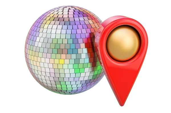 Ponteiro de mapa com bola de discoteca. Renderização 3D — Fotografia de Stock