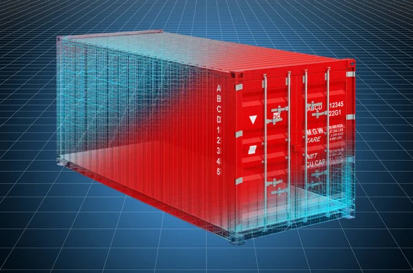 Visualization 3d cad model of cargo container, blueprint — Stock Photo, Image