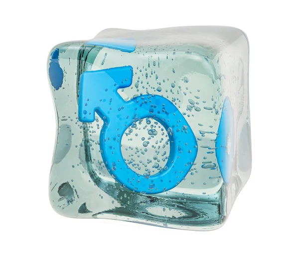Símbolo de género masculino congelado en cubo de hielo, representación 3D —  Fotos de Stock