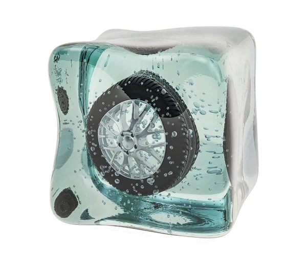 Roda de carro congelada em cubo de gelo, renderização 3D — Fotografia de Stock