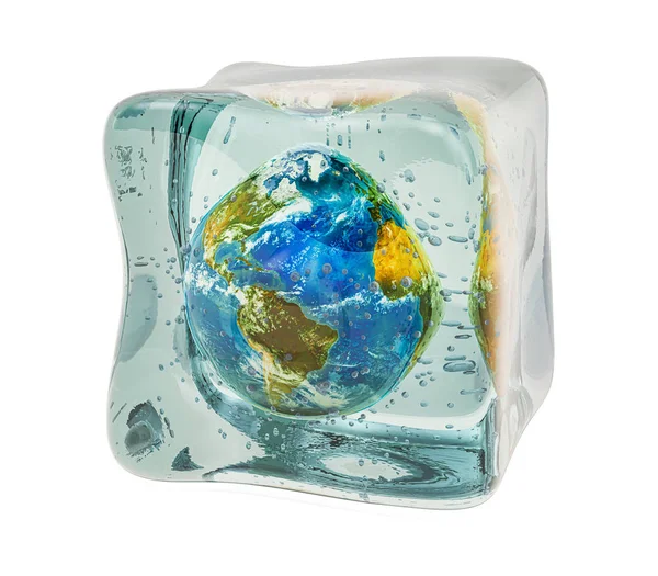 Globo de tierra congelado en cubo de hielo, renderizado 3D —  Fotos de Stock