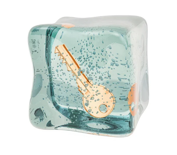 Ключ заморожен в кубике льда, 3D рендеринг — стоковое фото