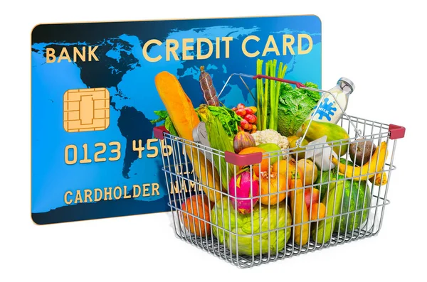 Shopping basket full of grocery products with credit card — 스톡 사진