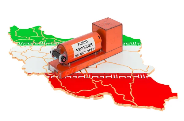 Flight data recorder, black box on Iranian map 3D rendering — 스톡 사진