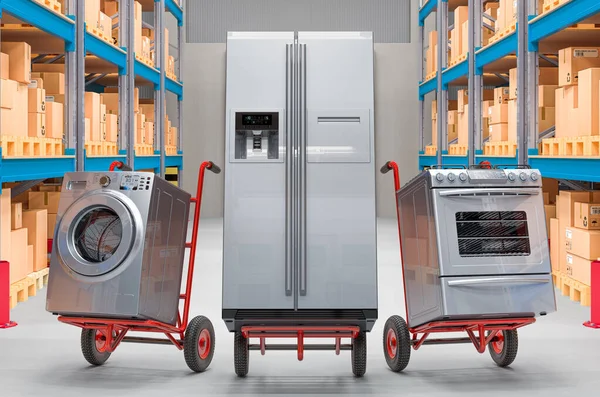 Handtruckar med hushålls- och köksmaskiner i lager. — Stockfoto