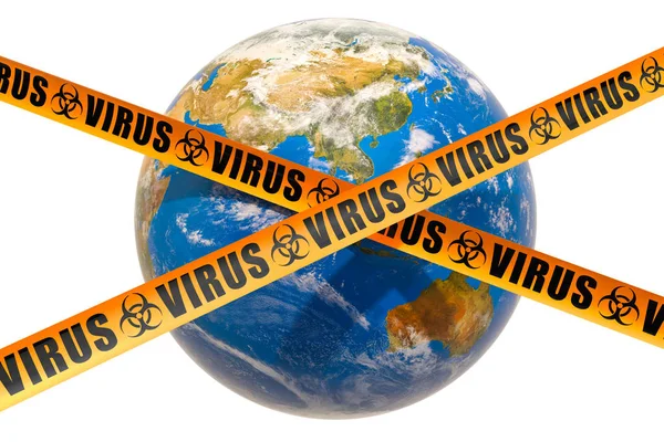 Globo terrestre con virus y cintas de barrera de precaución, renderizado 3D —  Fotos de Stock