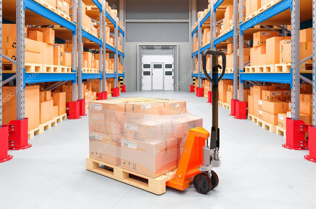 Pallet truck with cardboard boxes in warehouse, 3D rendering