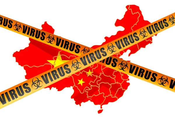 Китайский вирус, карта Китая с осторожностью барьерных лент концепции — стоковое фото