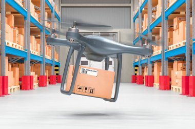 Depoda paketli insansız hava aracı. 3d oluşturma