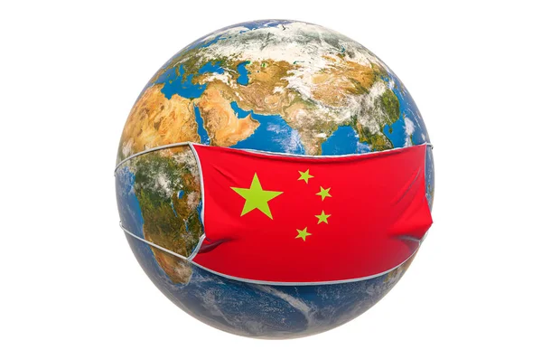 Земной глобус в медицинской маске с флагом Китая — стоковое фото