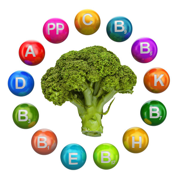 Vitamins in Broccoli cabbage, 3D rendering