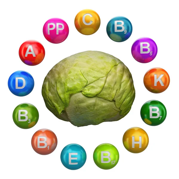 Vitamins in cabbage, 3D rendering — 스톡 사진