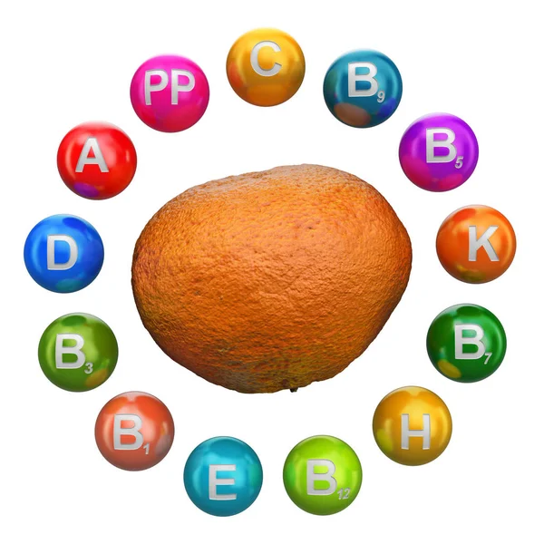 Vitaminas em mandarim, renderização 3D — Fotografia de Stock