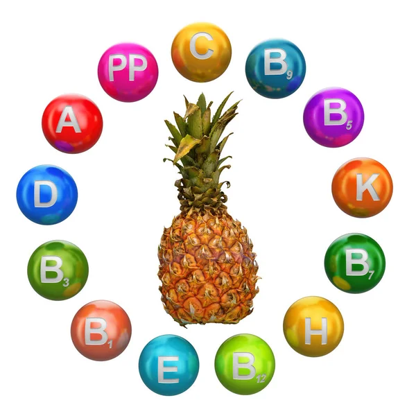 Vitaminas em abacaxi, renderização 3D — Fotografia de Stock