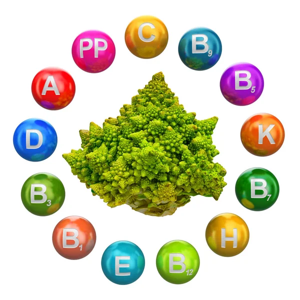 Vitaminen in Romanesco Broccoli kool, 3D-weergave — Stockfoto