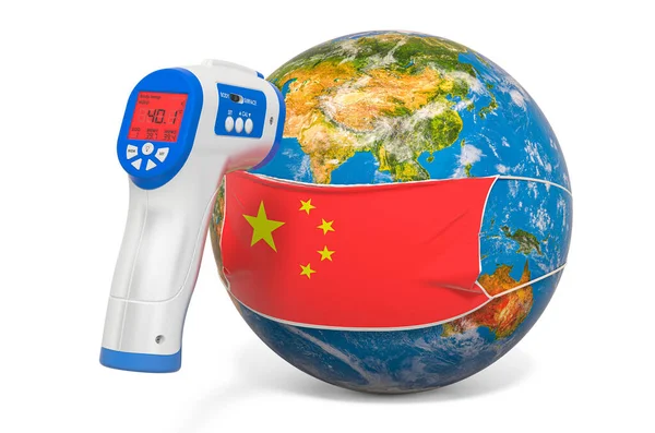 Earth Globe w masce medycznej z flagą Chin — Zdjęcie stockowe