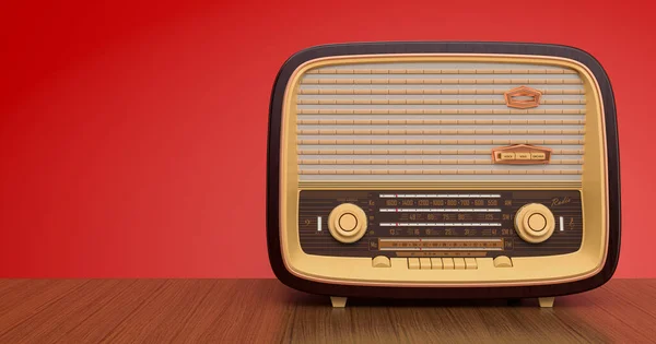 Vintage radio ontvanger vooraanzicht op de houten tafel — Stockfoto