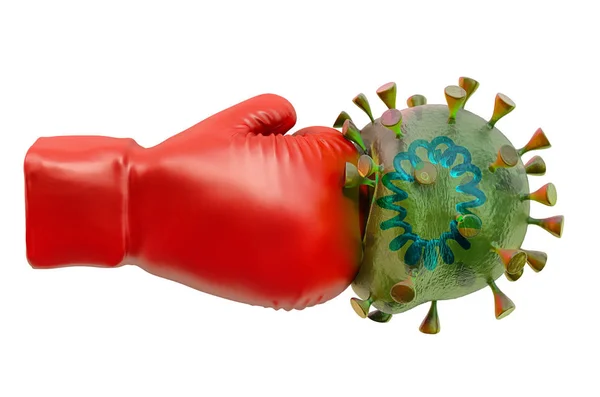 Guante de boxeo con y coronavirus, renderizado 3D —  Fotos de Stock