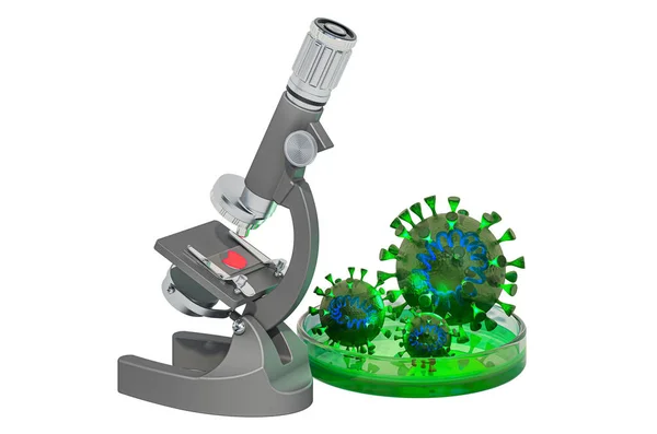 Concepto de investigación de virus, microscopio con virus. Renderizado 3D —  Fotos de Stock