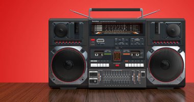 Ahşap arka planda boombox. 3d oluşturma