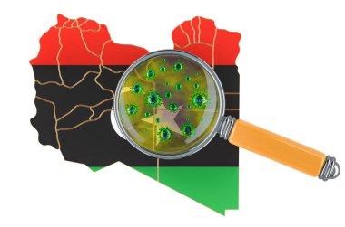 Büyüteç altında Coronavirus ile Libya haritası, beyaz arka planda 3D görüntüleme