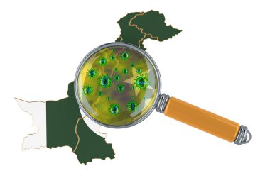 Büyüteç altında Coronavirus içeren Pakistan haritası, beyaz arkaplanda 3 boyutlu görüntüleme