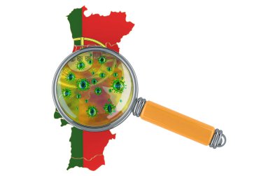 Büyüteç altında koronavirüs içeren Portekiz haritası, beyaz arka planda 3 boyutlu görüntüleme