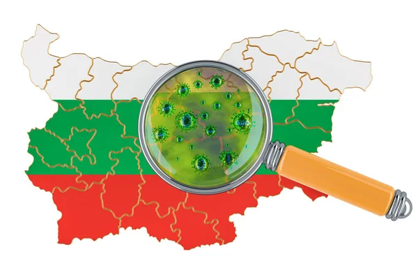 Bolgár Térkép Koronavírussal Nagyító Alatt Renderelés Izolálva Fehér Alapon — Stock Fotó